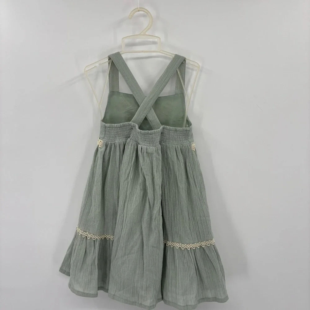 Rachel Zoe Dress Kids Size 4 Sage Green Floral Embroidered Lace Boho Cotton Cute